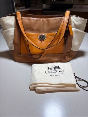 Coach color block  Leather Shoulder Bag — Tan, Orange & White
